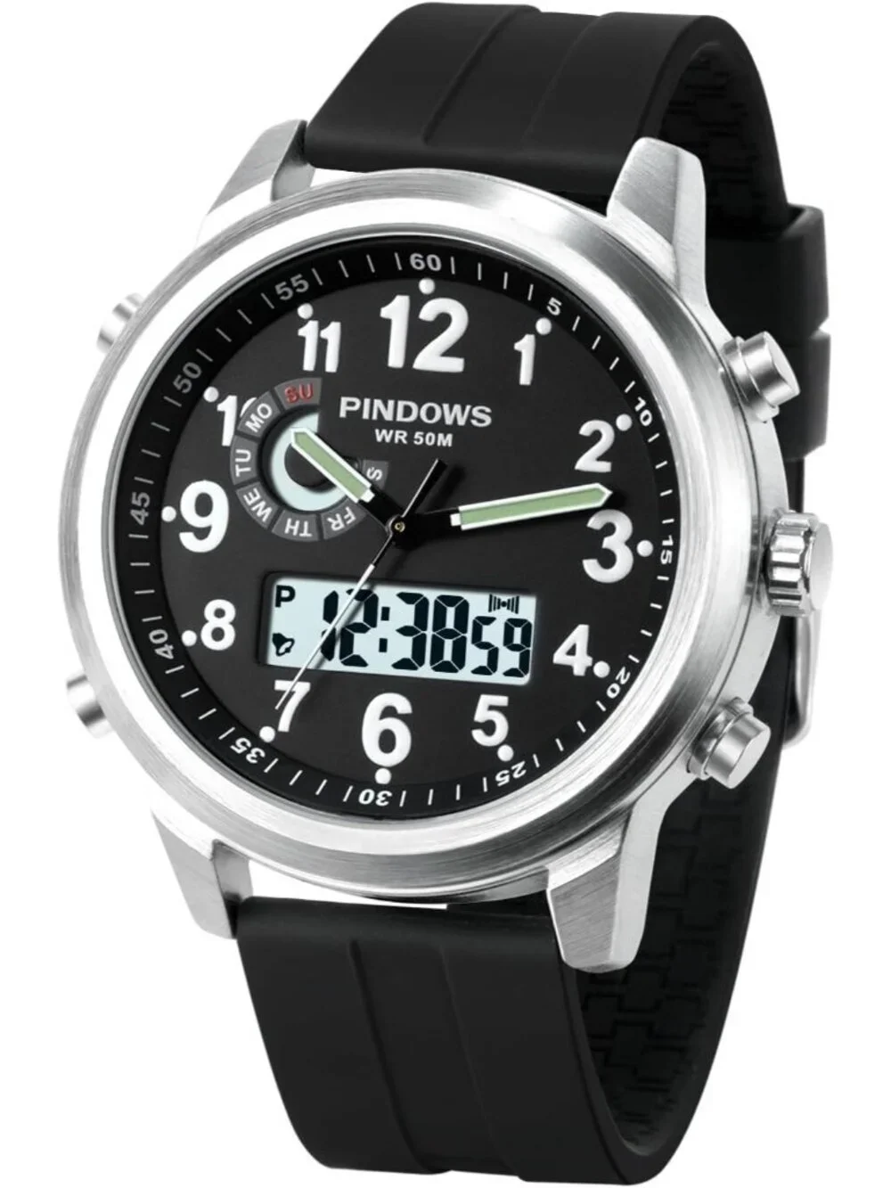 Men's Black Silver Analog Waterproof Military Multifunctional LED Digital Watch